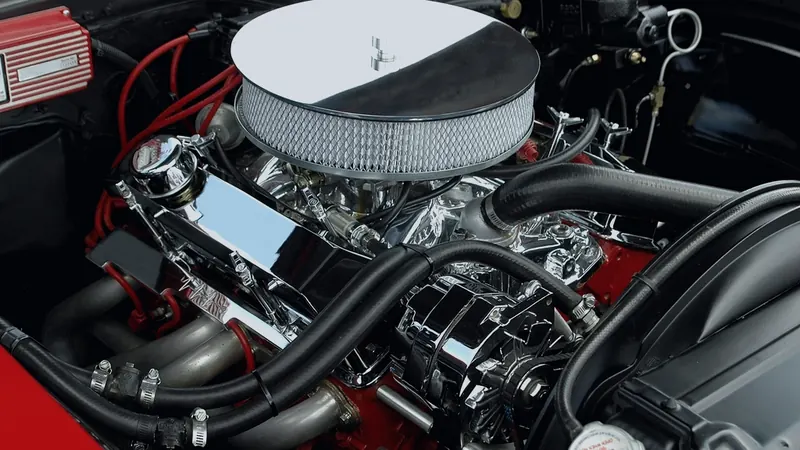 Chrome V8 engine with air cleaner and red spark plug wires